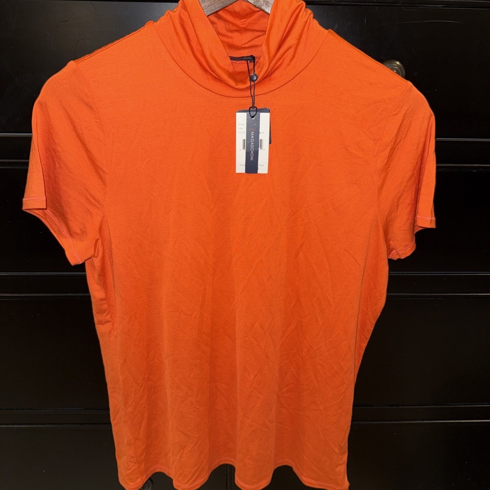 Magaschoni Mock Neck Silk Jersey Tee Large Tiger Lily Orange New Short Sleeve